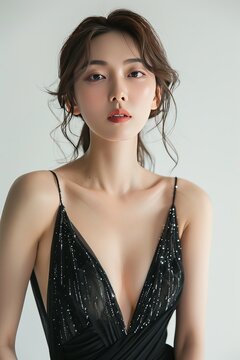 Portrait of a pretty young woman super model of Korean ethnicity flaunting a glamorous black evening gown with a plunging neckline, sheer panels, and sparkling sequin embellishments