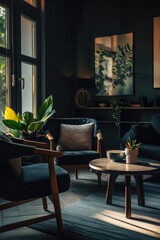 Modern style living room in a black color palette
