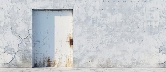 A close-up image of a worn door set in a solid concrete wall with signs of rust