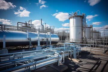 Obraz premium The intricate network of an industrial electrolyte reservoir and its surrounding infrastructure under a dramatic sky