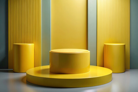 Immersive 3D Room: Realistic Yellow Cylinder Podium for Product Showcase Presentation