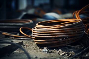 The raw beauty of industry: A coiled wire takes center stage amidst rusted machines and a rough concrete background