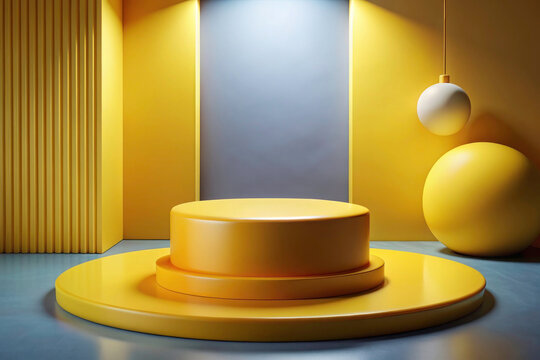 Immersive 3D Room: Realistic Yellow Cylinder Podium for Product Showcase Presentation