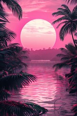 Elegant tropical concept pink circle surrounded by darker pink palms mono backdrop - obrazy, fototapety, plakaty