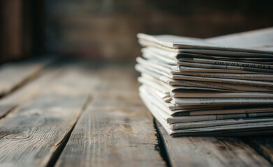 Stack of newspapers on wooden table - obrazy, fototapety, plakaty