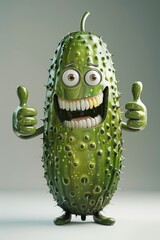 A pickle with a big smile giving a thumbs up.