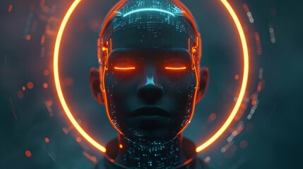 Digital human head glowing halo AI future concept neon lights front view