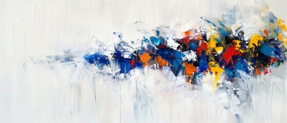  A monochromatic painting showcasing shades of blue, red, yellow, and white on a stark white canvas with a surrounding black frame