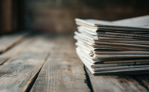 Stack of newspapers on wooden table
