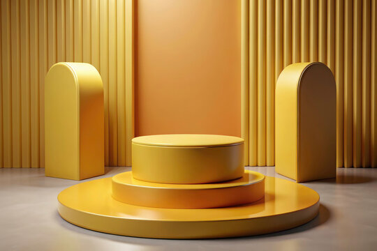 Immersive 3D Room: Realistic Yellow Cylinder Podium for Product Showcase Presentation