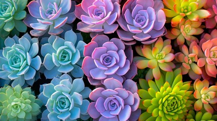 Detailed top view macro of colorful succulent plants creating vibrant texture background