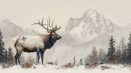  A majestic elk in a snowy field against mountainous backdrop with trees framing the front