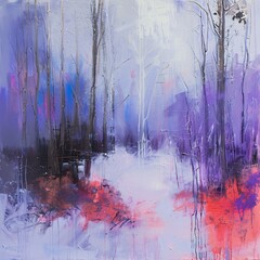 Semi-abstract oil painting depicting a winter forest landscape, blending realism and abstraction...