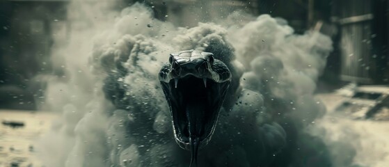  A monochrome image depicts a sizable creature with an extended tongue, mouth agape