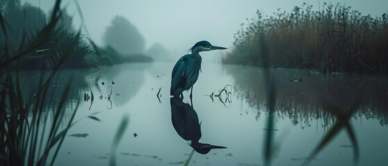  A bird perched on a water body, surrounded by grass and reeds, during a foggy day - obrazy, fototapety, plakaty