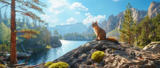 Foto op Plexiglas  A feline perched atop a massive boulder beside a waterway amidst a woodland © Wall