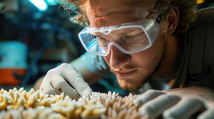A close-up of a scientist studying coral bleaching, with visual aids explaining the causes, effects, and solutions to protect coral reefs from climate change - obrazy, fototapety, plakaty