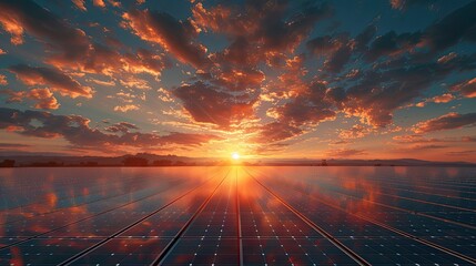A detailed view of a solar farm at sunset, highlighting the beauty and efficiency of solar panels in generating clean energy - obrazy, fototapety, plakaty