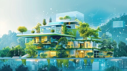 A detailed illustration of an energy-efficient, green-certified hotel, highlighting sustainable practices from water conservation to renewable energy heating