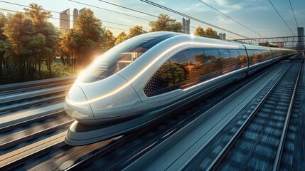 A futuristic depiction of a high-speed train powered entirely by renewable energy, illustrating the potential for sustainable mass transportation solutions - obrazy, fototapety, plakaty