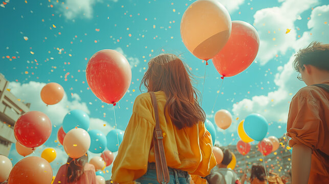 A Group Of People Releasing Balloons Into The Sky During An Outdoor Festival