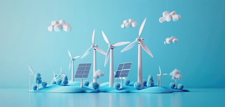 Hybrid systems combining solar and wind power, solid color background