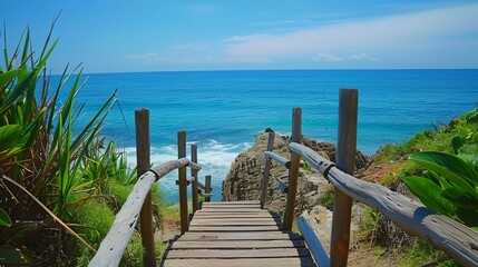 a wooden walkway leading to the ocean