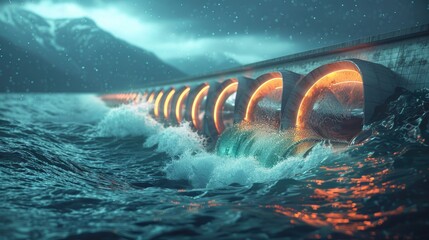 An animated visualization of the energy flow from a wave energy converter, translating the power of the sea into usable, clean electricity - obrazy, fototapety, plakaty