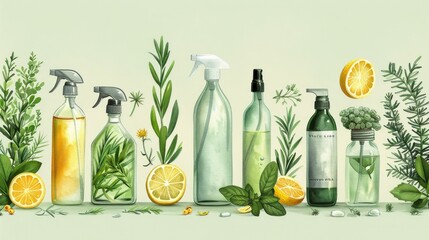 An illustrated step-by-step guide for making natural, non-toxic cleaning products at home, reducing the need for harmful chemicals and plastic packaging - obrazy, fototapety, plakaty