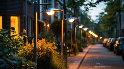 An informative breakdown of the energy saved and emissions reduced by a city's transition to LED streetlights powered by solar panels, demonstrating real-world impacts of renewable energy policies - obrazy, fototapety, plakaty