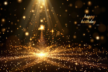 "Happy Birthday" card, made in golden letters on a black background, decorated with sparkling stars and highlights. Concept: congratulatory banner