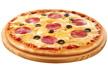 pizza de queijo com pepperoni sobre forma de madeira isolado em fundo transparente