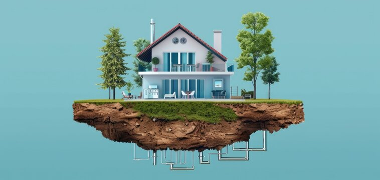 Utilizing ground source heat pumps for sustainable heating and cooling. Geothermal energy application, solid color background
