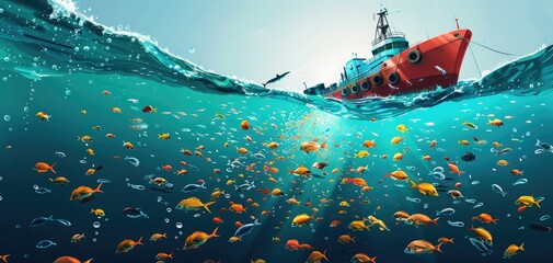 Establishing no-fishing zones using technology for marine life recovery. Marine reserve enforcement, solid color background - obrazy, fototapety, plakaty