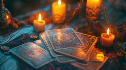 a table topped with cards and candles - obrazy, fototapety, plakaty