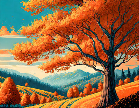 Oil painting a big tree landscape. Colorful autumn plam tree on digital art concept.