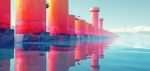 Show a series of barrier systems designed to protect coastal cities from rising sea levels, solid color background - obrazy, fototapety, plakaty