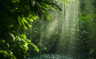 Lush greenery and glistening light spots give a sense of natural freshness and tranquility - obrazy, fototapety, plakaty