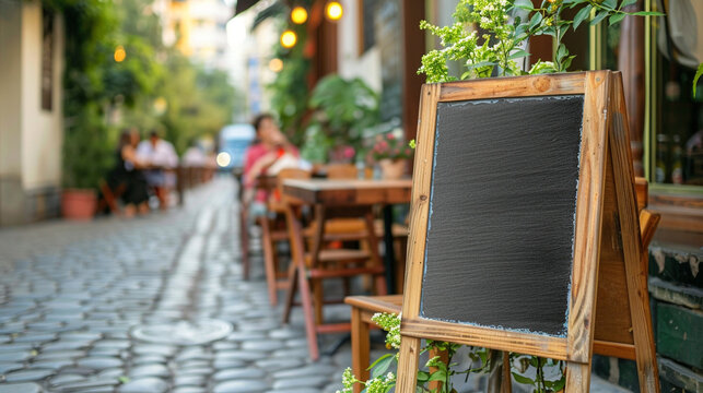 Blank wooden menu blackboard outdoor display mock up. Sidewalk street restaurant or cafe chalkboard empty template. Pillar for menu text or advertising. Blurred street scene in old town with  pavement