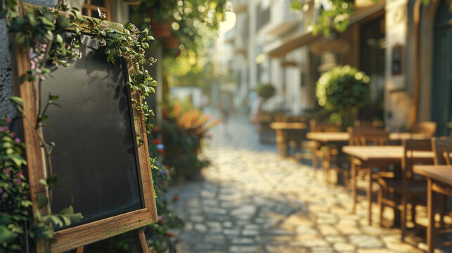 Blank wooden menu blackboard outdoor advertising display mock up. Sidewalk street restaurant or cafe chalkboard empty template. Blurred street scene. Early morning light