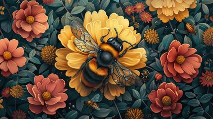A vibrant poster advocating for the protection of bees, highlighting their role in pollination and the dangers they face from pesticides and habitat loss - obrazy, fototapety, plakaty