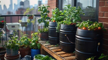 A visual step-by-step guide on setting up a rooftop rainwater collection system in an urban apartment, promoting water conservation and sustainable urban living - obrazy, fototapety, plakaty