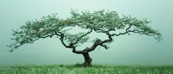  A solitary tree, center stage amidst a vibrant floral field