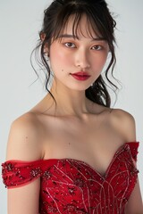 Portrait of a pretty young woman super model of Japanese ethnicity donning a glamorous red off-the-shoulder gown with a fitted bodice, full skirt, and intricate beadwork