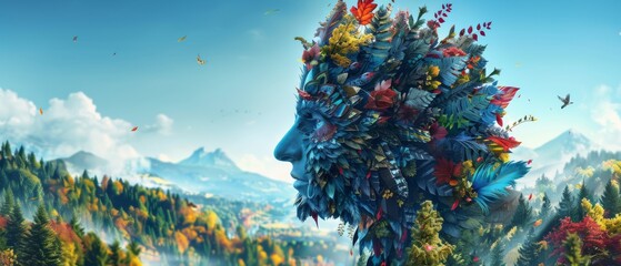  Man's head digital painting in forest amidst flying trees, birds - obrazy, fototapety, plakaty
