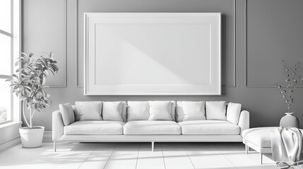 Mockup of a minimalist modern photo frame wall decor elegantly hanging in a naturally bright living room with a sofa and simple greenery
