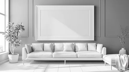 Foto op Plexiglas Mockup of a minimalist modern photo frame wall decor elegantly hanging in a naturally bright living room with a sofa and simple greenery © Maria