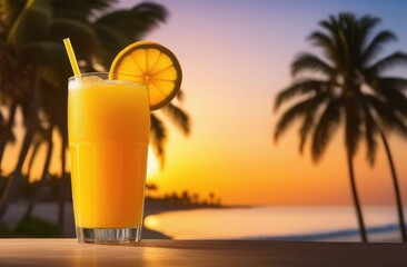 Glass of orange juice with straw and ice with orange slices on background of sea and palm tree