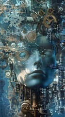 AI Humanoid Head Crafted from Machine Parts in Abstract Blue Realm