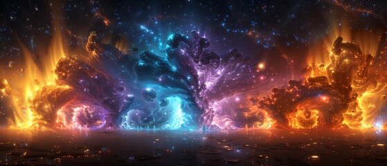  A photo depicts a cosmic panorama with abundant flames and frozen regions in the foreground, while a person stands centered in the frame - obrazy, fototapety, plakaty